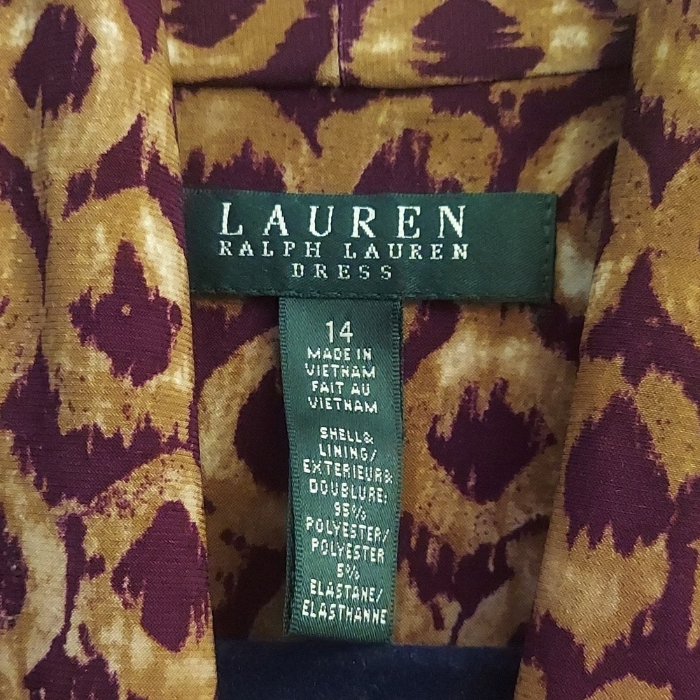 LAUREN RALPH LAUREN Tan and Purple Patterned Sleeveless Faux Wrap Midi Dress - Picture 2 of 13